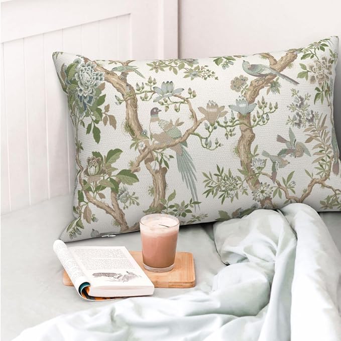 Green Floral Bird Pillow Covers 12x20 Set of 2 Chinoiserie Throw Pillows Green Vintage Flowers Bird Decorative Pillow Cases Outdoor Chinoiserie Decor Farmhouse Cushion Case for Couch Sofa