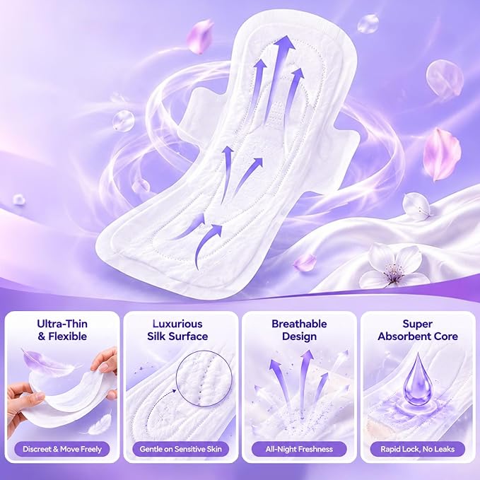 Modal Sanitary Pads for Women, Natural Silk and Modal Cover-Ultra Absorbency, Ultra Thin Breathable Daily Pads with Wings, Unscented Sanitary Napkins(9.5 Inch, Regular, 32 Count, Packaging May Vary)