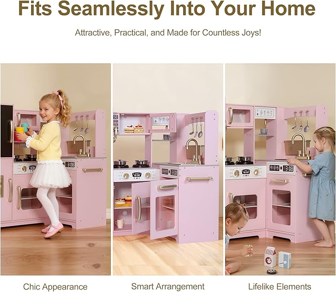 Play Corner Kitchen, Ultimate Interactive Wooden Kids Playset with Light, Light, Montessori Pretend Play Toys, Kids Cooking Playset for Girls & Boys Ages 3+(Pink)