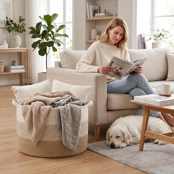 65L Large Blanket Basket, Cotton Rope Woven Laundry Basket-Yellow | Collapsible, reinforced handles, nursery storage bin organizes clothes, toys and pillows for living room, bedroom bathroom