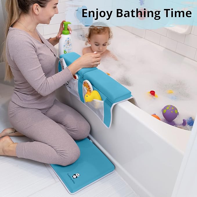 Bath Kneeler and Elbow Rest Pad Set - 2PC Premium Baby Bath Mat Set - Non-Slip Kneeling Pad with Storage Pockets - Machine Washable, Durable Foam Pad Bundle - Blue