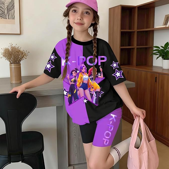 K-POP DEM0N Hunters Outfits for Girls, 2 Piece T-Shirts and Apparel Sets Birthday Gift