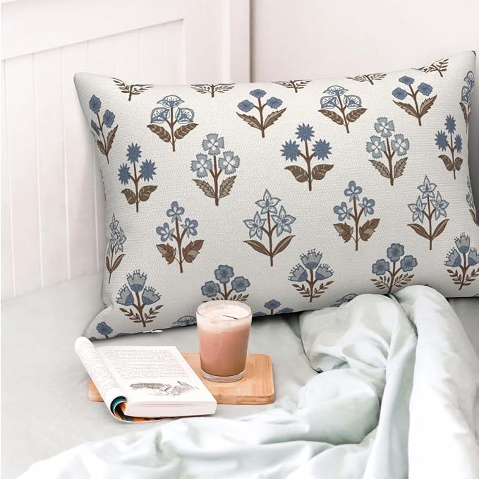 Brown Blue Pillow Covers 12x20 Inch Set of 2 Boho Block Print Floral Throw Pillows Vintage Flower Decorative Pillow Cases Outdoor Linen Farmhouse Cushion Cover for Couch Sofa Bed Decor