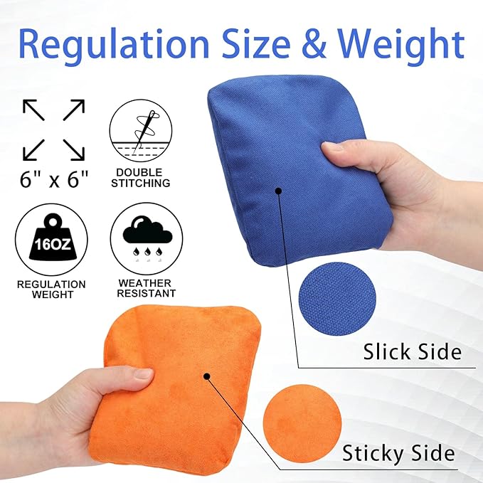 EunHo Regulation Cornhole Bags Set of 8 - Dual Sided Slick and Stick Cornhole Bean Bags for Tossing Game Professional All Weather Pro Corn Hole Bags with Tote Bag