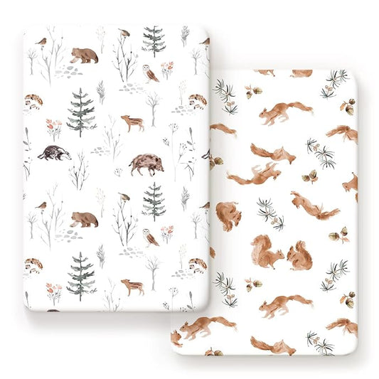 GRSSDER Stretchy Ultra Soft Jersey Knit Pack and Play Sheets 2 Pack, Portable/Mini Crib Sheets Universal Fitted for Playpen Mattress Safe and Snug, Stylish Cute Animal Print Baby Sheets