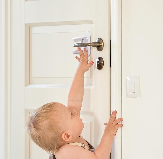 Gift Boutique Door Lever Lock (8 Pack) with 16 Bonus Pinch Guards, Child Proof Door Lever Locks for Toddlers, Easy Adult One-Hand Use, No Tools Installation, Strong Adhesive Child Proof & Home Safety