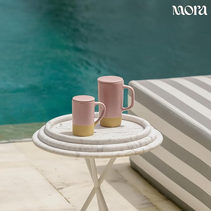 MORA Ceramics Large Tea Mug with Loose Leaf Infuser and Ceramic Lid, 18 oz, Portable, Microwave, Dishwasher Safe, Tall Coffee Cup - Rustic Matte Ceramic Glaze, Modern Herbal Tea Strainer, Dawn