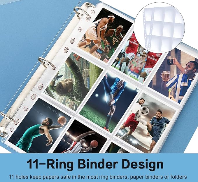 HERKKA Trading Card Sleeve Pages, 100 Pack 9 Pocket Album Pages 11 Holes Fit 3 Ring Binder