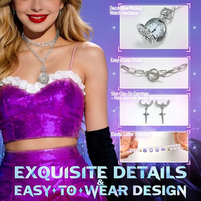Demon Kpop Rumi Jewelry Set – Chain Necklace, Cross Earrings & Elastic Glass Bead Bracelet with RUMI Letters, Fan Inspired Costume Accessories
