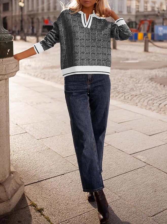 Saodimallsu Womens Fall Sweaters Tops Lapel V Neck Knit Color Block Shirt | Winter,Long Sleeve,Casual,Soft,Pullover,Cozy,Ribbed,Ladies,Chunky,Warm Sweaters,Checkered,Tunic,Work