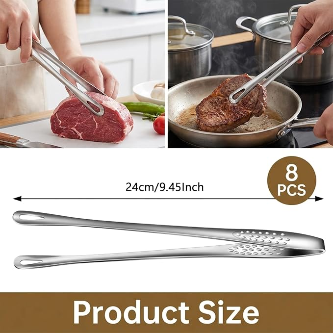 8 Pcs Korean BBQ Tongs, 9.5In Stainless Steel Grill Tongs, Silver | Portable Heavy Duty Kitchen Tweezers for Cooking, Food Tongs for Home Outdoor Hot Pot Steak Salad Food