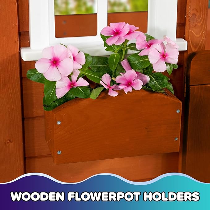 Sportspower Swing and Play Wooden Playhouse for Kids, Outdoor Backyard Playhouse with Swing, Picnic Bench, Working Door, Flower Boxes & Wooden Roof, Ages 3–8