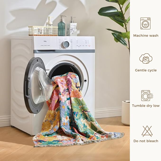 LUTBM Boho Throw Blanket for Couch 50"x60", Cotton Decorative Bed Throws | Reversible Watercolor Floral Jacquard, All-Season, For Chair Sofa Living Room, Soft Lightweight Summer Blankets, Home Decor