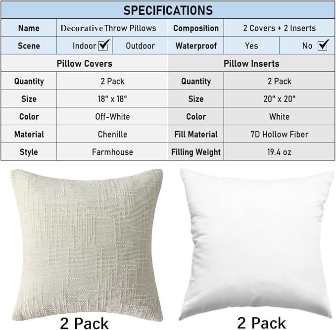 18" x 18" Decorative Throw Pillow with Inserts, Set of 2 Soft Modern Farmhouse Throw Pillows, Square Boho Pillow for Couch, Bed, Sofa Decor (White, 18" x 18"(Pack of 2))