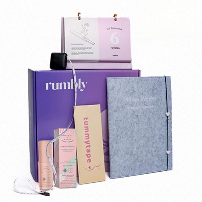 Pregnancy Essentials Box - 5-Piece Pregnancy Care Package for Expecting Mom - Belly Growth Tape, Countdown Calendar, Belly Oil, Kinesiology Tape, Organizer - Any Trimester Gift Basket