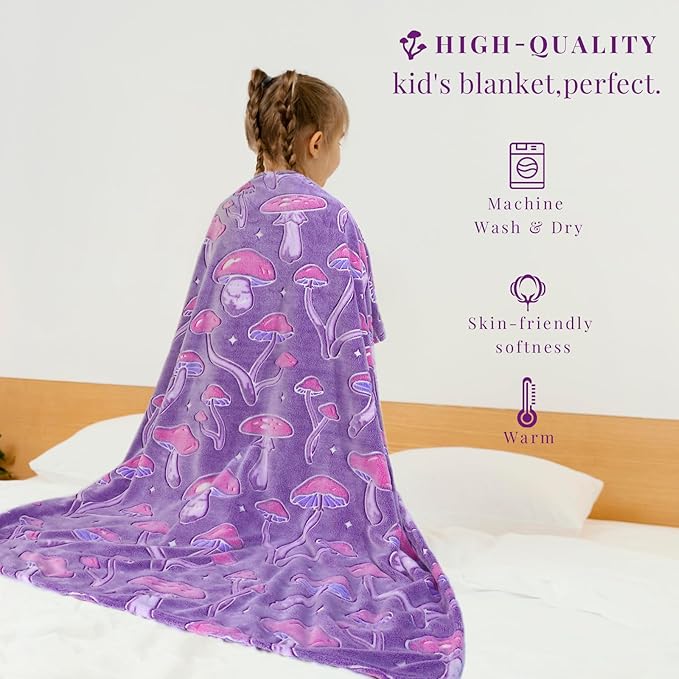 Glow in The Dark Mushroom Blanket - Purple Fleece Throw with Plant Print Soft Fuzzy Cottagecore Decor for Kids Girls Boys Bedroom, Couch & Travel 40x50 inches