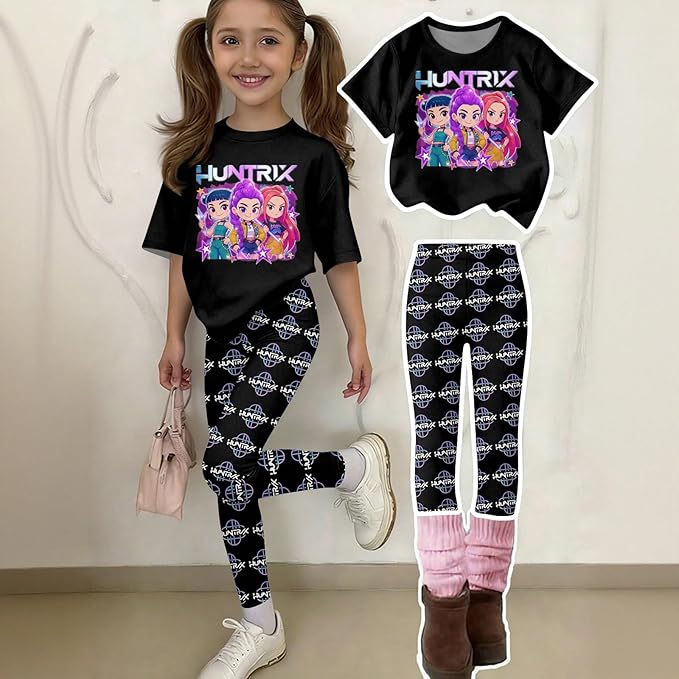 K Pop Short Sleeve T-Shirt and Pants Outfits Set for Girls Hunters Rumi Mira Zoey Graphic Tees De-Mon Kids