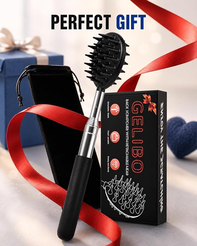 Gelibo Telescoping Large Back Scratcher with 5 Detachable Heads, Gift for Him, Dad, Gifts for Men, Extendable Back Massager Tool with Beautiful Box