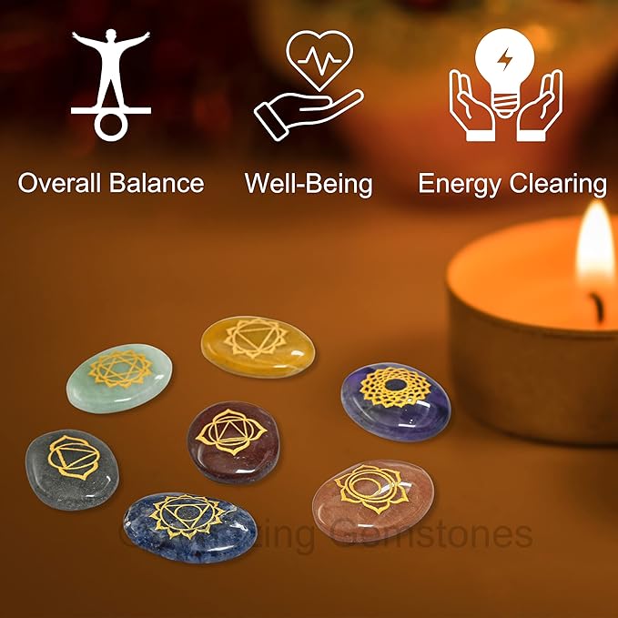 Amazing Gemstone 7 Chakra Oval Set Reiki Healing Crystal with Engraved Chakra Symbols - Chakra Balancing Polished Palm Stones Set with Velvet Pouch