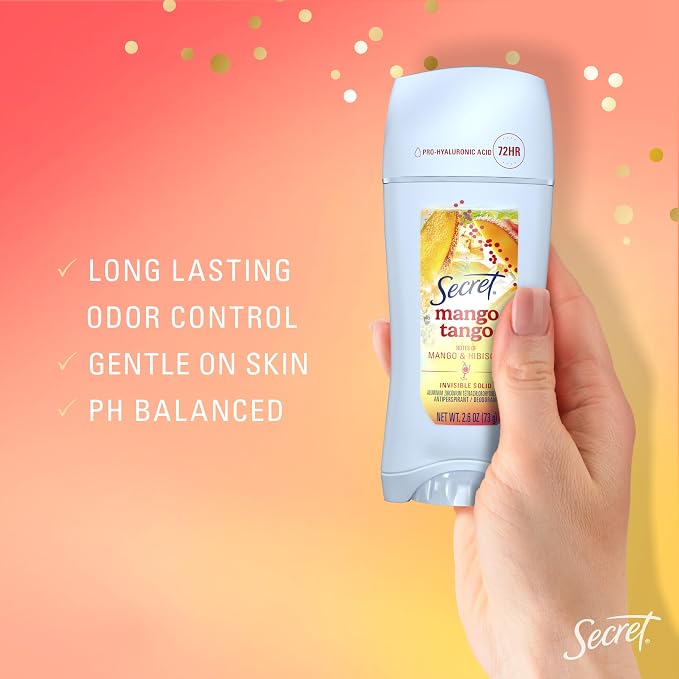 Secret Fresh Antiperspirant Deodorant for Women, 72hr Freshness on the Rocks with Pro-Hyaluronic Acid, Miami Mocktails Edition, Invisible Solid, Mango Tango with Mango & Hibiscus Scent, 2.6 oz