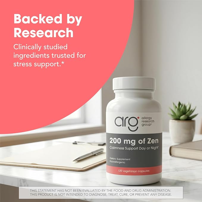 Allergy Research Group ARG 200 mg of Zen - Supports Calm and Stress Balance - Delivers 200 mg L-Theanine & 550 mg GABA per Serving - Vegetarian & Hypoallergenic - 60 Servings - 120 Capsules