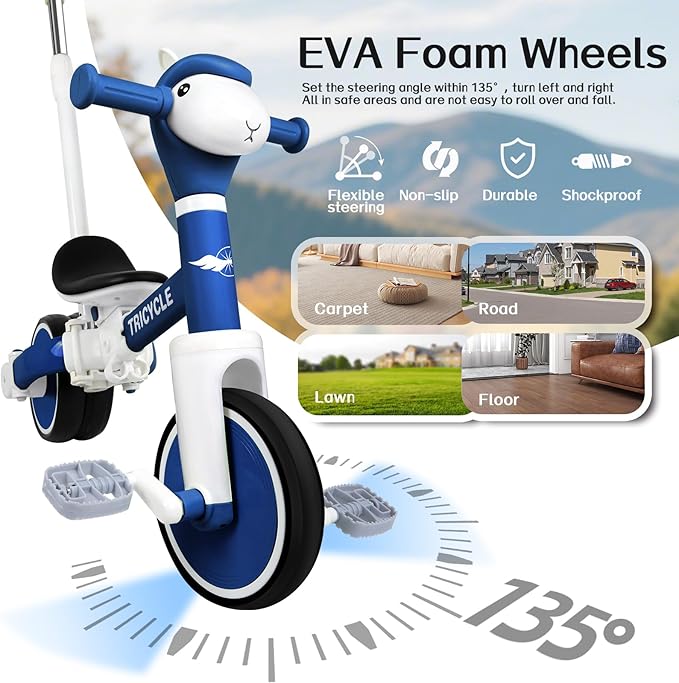 Tricycle for Toddlers 1-3 Year Olds, 5 in 1 Toddler Balance Bike 2-4 Years Old Boys Girls, Push Trike Toys with Adjustable Handle, Birthday Gifts for 2 3 4 5 Year Old Kids Bike (Blue)