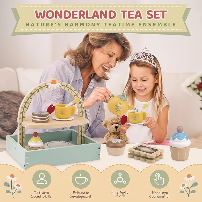 Wooden Tea Sets for Little Girls Play Food Cake Toys Toddlers 3-5 Kitchen Accessories Pretend Play Princess Playset for 3 4 5 6 Year Old Girl Boy Party Birthday Gift