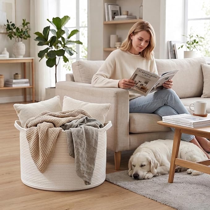 90L Large Blanket Basket,Rope WovenLaundry Basket-White | Collapsible, reinforced handles, nursery storage bin organizes clothes, toys and pillows for living room, bedroom bathroom