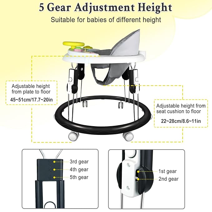 Foldable Baby Walker for Boys Girls, 5-in-1 Toddler Activity Walkers | Adjustable Height, Music Tray, Detachable Seat, Mute Wheels, Anti-Rollover, Knee Pads Socks Foot Pad, Portable, 8-24 Months