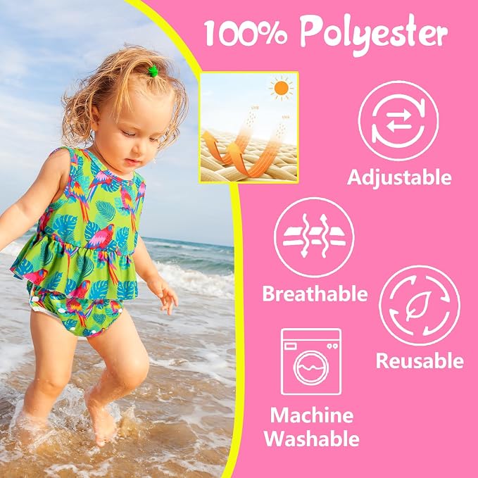 Babygoal Baby Girl Swim Diapers 3 Pack for 8M-3T Babies and Toddlers, Reusable Adjustable Washable for Swimming Lessons-Bird,Snake,Dinosaur