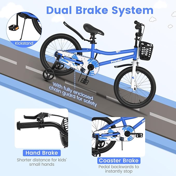 BABY JOY Kids Bike, 12 14 16 18 20 Inch Children Bikes for Boys Girls Teens 3-8 8+ Years w/Training Wheels or Kickstand, Handbrake, Coaster Brake & Removable Basket, Kids Bicycle of Multiple Colors