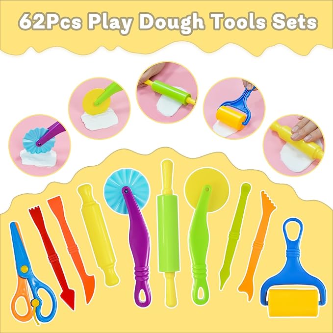 LCY WEDSHI Dough Tool Set, 62 Pcs Dough Tools Sets for Kids Ages 4-8, Dough Accessories Includes Alphabet Numbers Shapes, Cutters Roller, Rolling Pins, Safety Scissors, Plastic Knife