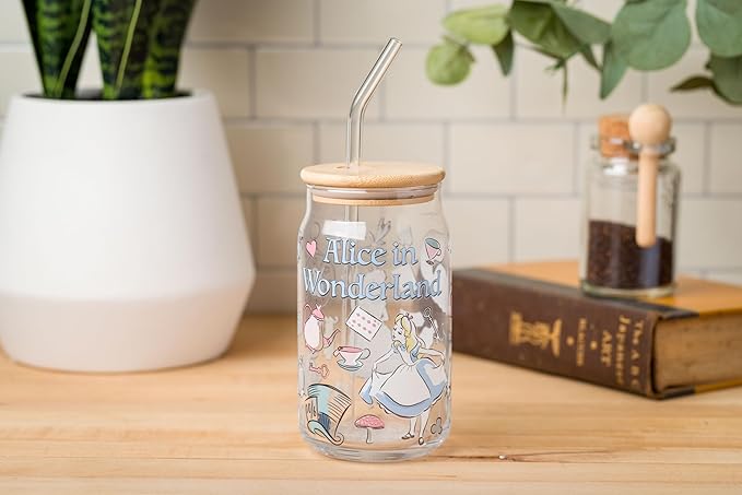 Silver Buffalo Disney Alice in Wonderland Glass Jar Tumbler with Bamboo Lid and Glass Straw, 16 Ounces