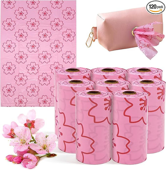 Portable Sanitary Napkin Disposal Bags Cherry Blossom Scented, with Dispenser, 120 pcs Pink Period Disposal Bags discreet period bags Disposable Mini Bags for Women Privacy Handling Bag Diaper Sack