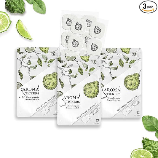 AROMA STICKERS® (Bergamot, Pack of 3) - 100% Natural Essential Oil Scented Mask Stickers for Face Mask & Pillow (12 Stickers/pc) -Pure Essential Oil Scented Mask Patch/Personal Aroma/Relaxing