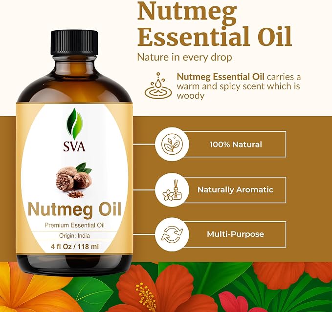 SVA Nutmeg Essential Oil 4 Fl Oz – for Diffuser, Skin & Hair Care – Ideal for Massage & DIY Blends - with Dropper