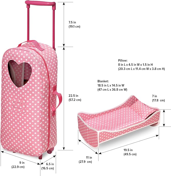 Badger Basket 3-in-1 Trolley Doll Carrier with Rocking Bed and Bedding – Adorable Pink Polka Dot Design for 18-Inch Dolls