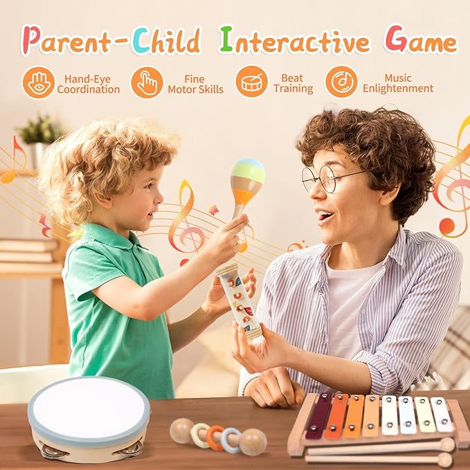 Toddler Musical Instruments Sets, Montessori Wooden Percussion Educational Baby Musical Toys Xylophone Maracas Tambourine for 2 3 4 Year Old, 18 Months Gifts for Baby Boys Girls Kids