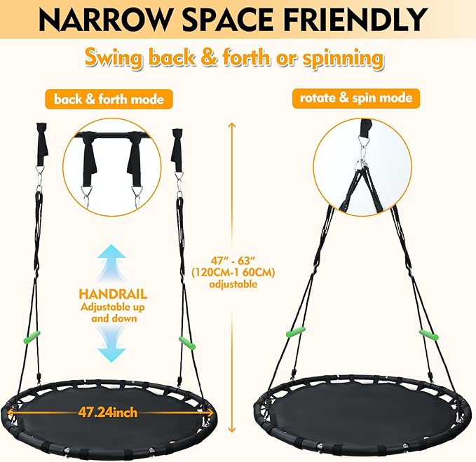 YSEJOMP Black Round Saucer Swing with Handles -Made of Sturdy Frame,PP Mat,Adjustable Multi-Strand Ropes,Safe and Durable for Yard Garden Playground Park (Black+Extra Straps, 48 inches)