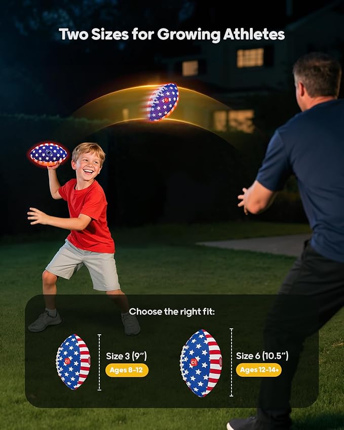 QPAU 10.5" Glow in The Dark Football (Size 6, 2 Packs), Light Up Youth Football with Pump & Batteries, Outdoor Toys & Games for Boys Girls, Birthday Gifts for Kids and Teens