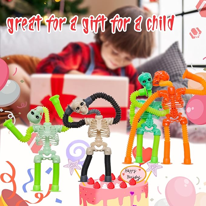 Pop Tubes Skeleton Fidget Toys for Kids, 4Pack Fidget Pop Toys Telescopic Suction Cup Toy for Stress and Anxiety Relief, Halloween Goody Bag Fillers for Kids and Toddlers (4Pack Skull)