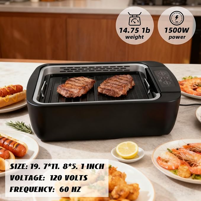 Indoor Smokeless Electric Grill, 1100W Korean BBQ Grill, LED Smart Display, Non-stick Removable Plate