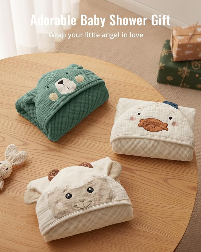 Blissful Diary Muslin Baby Hooded Towel 2 Pack, Soft & Absorbent Bath Towel for Infant, Toddler, Unisex, Baby Gift, Newborn Essentials, Bear & Duck