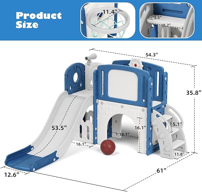 Glaf Toddler Slide 9 in 1 Outdoor Playset Indoor Playground Kids Baby Slides for Toddlers Age 1-3 Backyard with Climber Basketball Hoop Telescope Drawing Board and Storage Space (Blue)