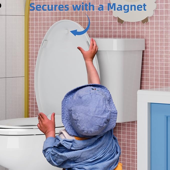 Elongated Toilet Seat, Toilet Lid Slow Close Quiet No Thud, Magnets Down Lock Quick Release Full Flat Potty Training Toilet Seat with Child Toddler Seat White, 19" Bunk Cover