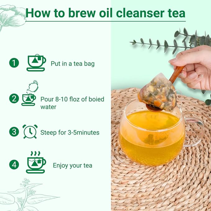 Oil Reducing Tea, 100% Pure & Natural Oil Cleansing Tea with 10 Precious Ingredients Formula for Liver Detoxification, Effectively Improve Intestinal Cleansing (2 Box/30 Bags)