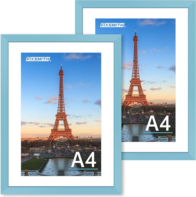 FIXSMITH A4 Picture Frame Set of 2, Blue Photo Frame with HD Plexiglass, Display Pictures 6x8 with Mat or 8.3x11.7 Without Mat Multi Picture Frames Collage for Tabletop or Wall Display