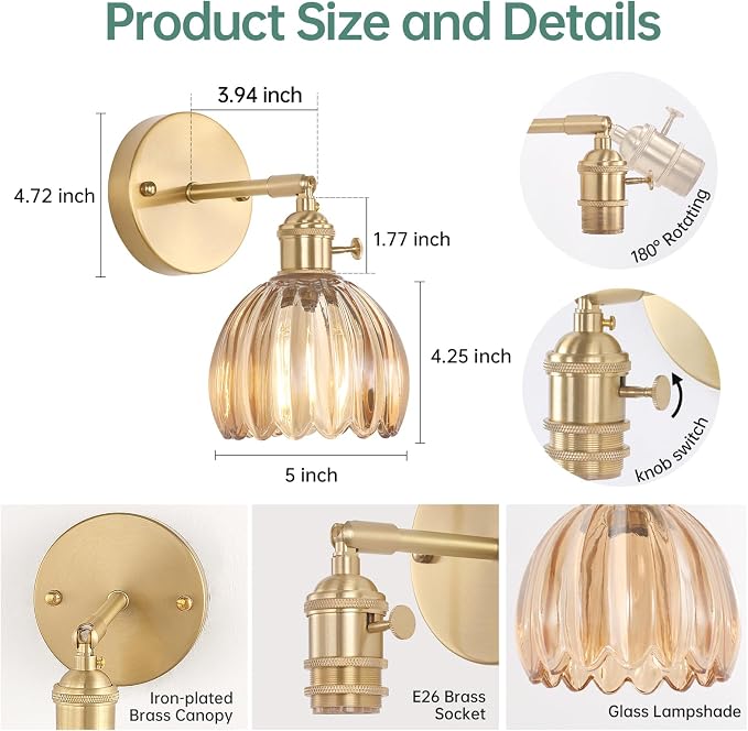 Shenmoyl Vintage Wall Sconces with Amber Tulip Glass Lampshade 180 Degree Adjustable Brass Sconces Hradwired Modern Wall Lighting Fixture with Switch for Bedside Bedroom Doorway