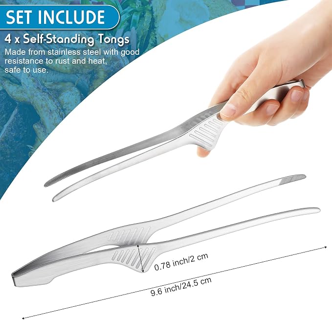 Patelai 4 Pieces Korean and Japanese BBQ Tongs Non Slip Cooking Utensils Stainless Steel Tongs for Serving Food, Salad, Camping, Barbecue, Buffet, Oven with Support Stand (Silver)