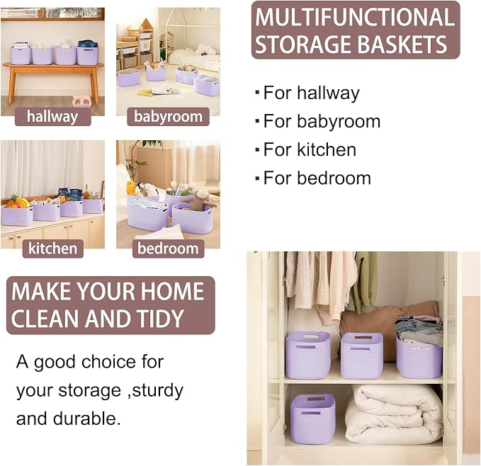 OIAHOMY 4 Pack Storage Baskets for Organizing, Cube Storage Bins for Shelves, Rectangle Storage Baskets With Handles, Woven Baskets for Storage, 12.7''Lx9''Wx7.8''H, Purple